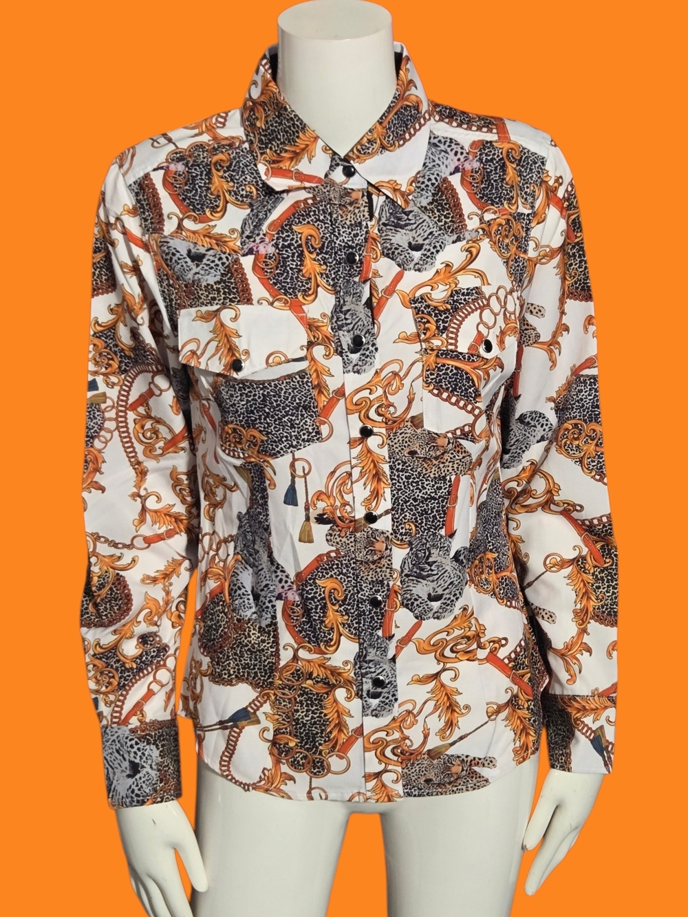 LEOPARD BAROQUE BUTTON UP TOP